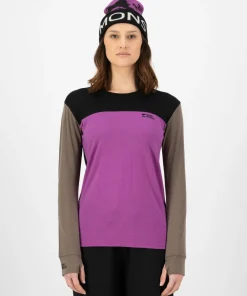 Best Mons Royale Women's Yotei Merino Long Sleeve Purple Bolt/Walnut/Black