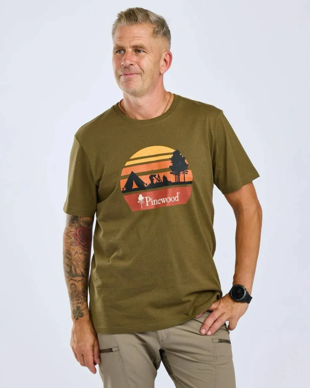 Hot Pinewood Men's Finnveden Recycled Outdoor T-Shirt Olive Melange Campsite