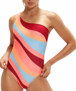 New Speedo Women's Printed Asymmetric 1 Piece Oxblood/Coral