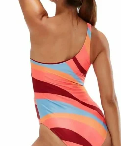 New Speedo Women's Printed Asymmetric 1 Piece Oxblood/Coral